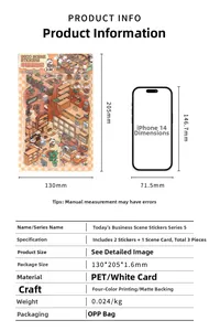 Detail showing bakery-themed PET sticker set dimensions with size comparison chart
