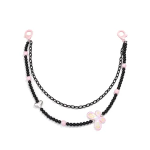 Zweilagige Hosenkette aus Acryl mit schwarzen Perlen, rosa Schmetterling und Herz