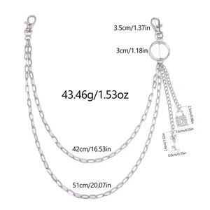 Detailed view of punk layered pants chain with skull lock and key pendants and measurements