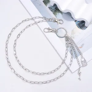 Double-layered silver skull and lock pendant hip hop pant chain with lobster clasps