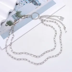 Double-layered silver skull and key lock pendant pants chain in punk streetwear style