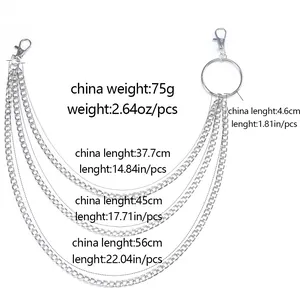 Detailed view of triple-layered silver punk waist chain with rings and lobster clasps