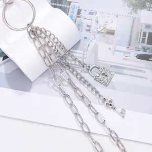 Punk silver double-layer trousers chain with rhinestone skull lock and heart key pendant