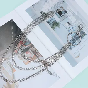 Three-layer silver punk hip-hop waist chain with round ring and lobster clasps