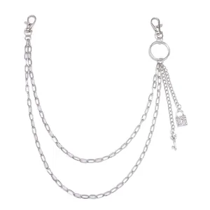 Silver multi-layer hip hop pant chain with rhinestone lock and skull key pendants