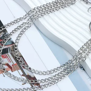 Detail of silver multi-layer punk hip-hop waist chain with lobster clasps and rings
