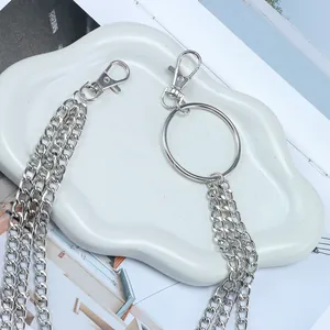 Three-layer silver metal hip-hop waist chain with rings and punk lobster clasps