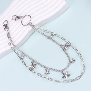 Chaîne de pantalon double couche en métal argenté avec pendentifs étoiles et fermoirs