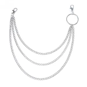 Three-layer punk style silver metal waist chain with O-ring and lobster clasps