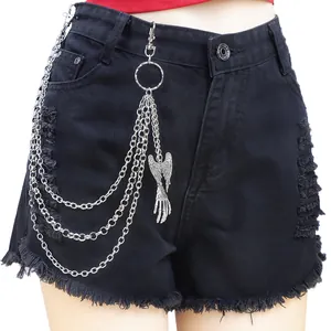 Chaîne de Pantalon en Métal Multicouche Punk Gothique Ailes d'Ange Main de Squelette Pendentif Halloween Hip Hop Chaîne de Taille Bijoux Argent