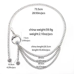 Mehrlagige silberne Kette mit Mond- und Sonnenanhängern inklusive Maßangaben