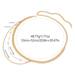 Detailansicht der mehrlagigen goldenen Metall-Taillenkette mit Perlen und Maßangaben