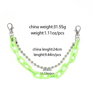 Detailed size view of green acrylic link and silver bead bag chain with lobster clasps