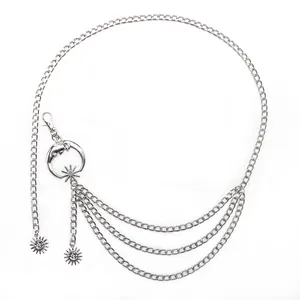 Dreilagige silberne Taillenkette mit Mond- und Sonnanhängern für Damenkleider