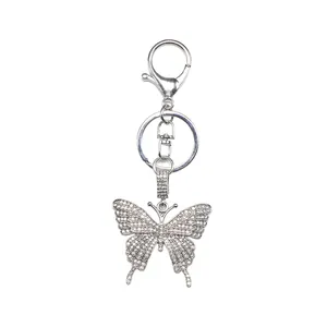 Sparkling butterfly keychain with white rhinestones and silver metal ring for women gift
