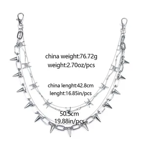 Three-layer silver punk wallet chain featuring spikes and barbed wire metal designs