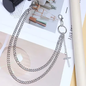 Catena per pantaloni a doppio strato in metallo argento con croce e chiusura a moschettone