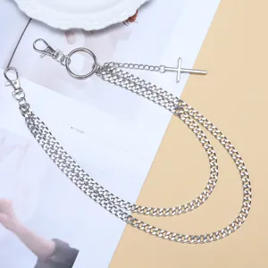Catena doppia per pantaloni in argento stile cubano con pendente a croce e chiusura a moschettone