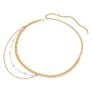 Elegante goldene mehrlagige Körperkette mit weißen Perlen und massiver Gliederkette