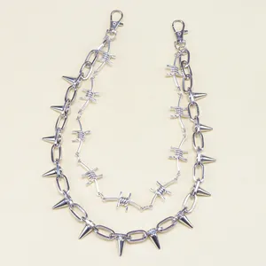 Double-layered punk pants chain with metallic studs, silver spikes and barbed wire links
