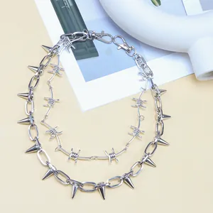 Punk style silver double-layered pants chain with spikes and barbed wire metal design