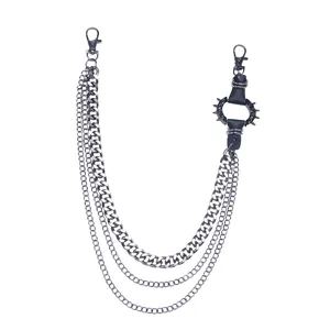 Mehrlagige silberne Metall-Hosenkette im Punk-Stil mit Spikes und schwarzen Lederschlaufen