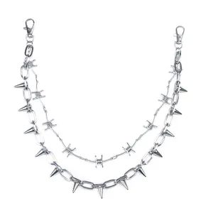 Punk style double-layered silver metal pants chain with spikes and barbed wire details