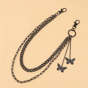 Chaîne de pantalon double couche en métal noir avec pendentifs papillons et fermoirs