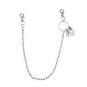 Chaîne de pantalon à perles argentées avec pendentif main fantôme et mousquetons