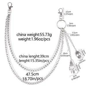 Detailed size chart of multi-layer wallet chain with skull and skeleton hand charms