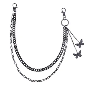 Chaîne de pantalon double en métal noir avec pendentifs papillon punk et glands