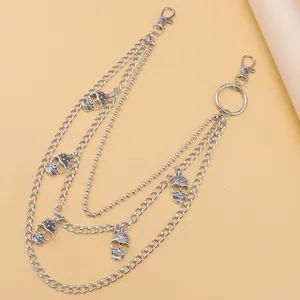 Catena da vita multistrato in metallo argento stile hip-hop con teschi pendenti