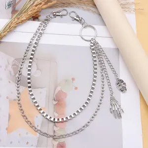 Punk style silver skull and skeleton hand double layered chain for men and women