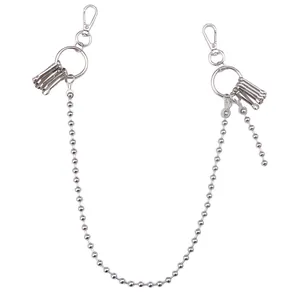 Polished silver metal ball chain accessory with lobster clasp and key rings on white background