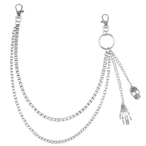 Punk style double layered silver metal wallet chain with skull and hand pendants
