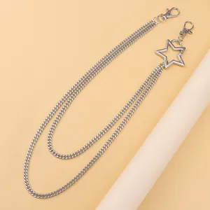 Chaîne de pantalon double en métal argenté avec pendentif étoile et fermoirs mousquetons