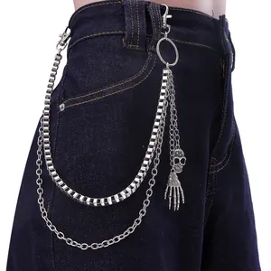 Punk Gothic Double Layer Metal Pants Chain With Skull And Skeleton Hand Pendant Silver Tone Waist Chain For Halloween Daily Decoration