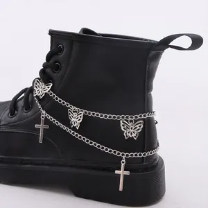 Mode Silber Legierung Doppelschicht Stiefelkette Mit Hohl Schmetterling Und Kreuz Anhänger Punk Stil Schmuck Zubehör Für Martin Stiefel