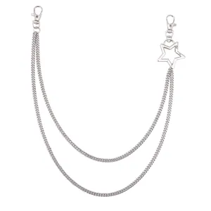 Chaîne de pantalon double en métal argenté avec pendentif étoile et mousquetons