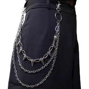 Silver multilayer punk waist chain with metal studs and lobster clasps for hip-hop style