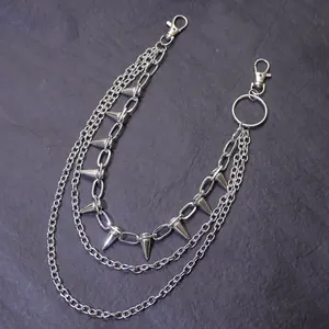 Three-layer silver metal pants chain with punk spikes and lobster clasps for hip-hop style