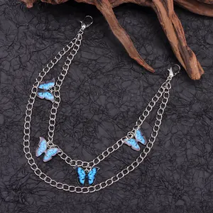 Chaînes de chaussures doubles en métal argenté avec breloques papillon bleu et fermoir
