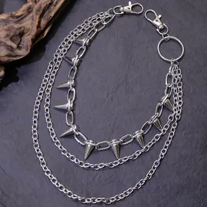Three-layer silver metal hip-hop waist chain with punk rivets and swivel snap hooks