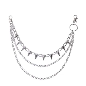 Triple-layered silver metal pant chain with punk spikes and lobster clasps for jeans