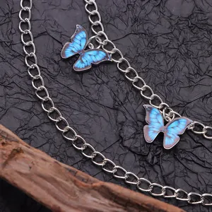 Chaîne de chaussure double couche en métal avec pendentif papillon bleu pour bottes