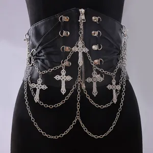 Gothic Punk Mehrlagige Taillenkette Mit Kreuzanhänger PU Leder Korsett Gürtel Für Damen Silberne Metallkette Modeaccessoire