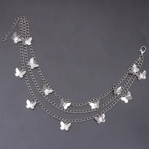 Three-layer silver metal shoe chain with butterfly charms for boots and sneakers