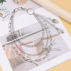 Chaîne de pantalon multicouche argentée avec pendentifs masque égyptien et crâne
