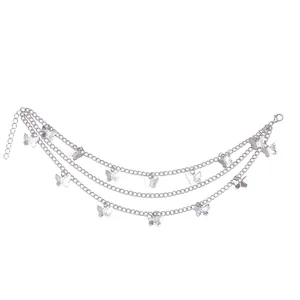 Multi-layer silver metal shoe chain with butterfly pendants for stylish fashion boots