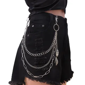 Chaîne de pantalon punk triple en argent avec pendentifs main de crâne et masque